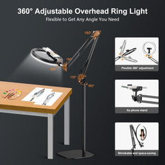 Evershop Ring Light with Tripod Stand & Phone Holder Overhead Phone Camera Mount with Remote Control,10” Circle Ringlight Flexible 70.8” 360° Rotatable Lamp for Video,Photo,Painting,Make Up,Cri>95