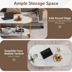 GYMAX White Faux Marble Coffee Table, 2-Tier Modern Oval Center Table with Open Storage Shelf, Gold Metal Frame Cocktail Table for Living Room, Bedroom