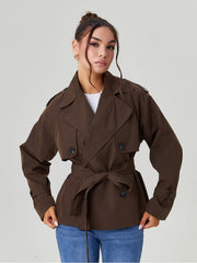 Women's Commuter Notch Lapel Double Breasted Detachable Belt Trench Coat, Elegant Plain Outerwear Jacket