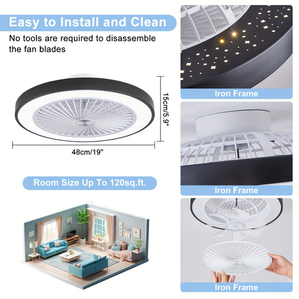 Modern Low Profile Ceiling Fan with 6 Speeds, Reversible Bladeless Ceiling Fans, Dimmable 3000-6500K LED Fan Lights, Smart Timing Ceiling Fan for Living Room, Bedroom, Office, Kitchen