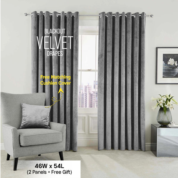 2pc Luxury Velvet Curtain Panels with Free Matching Velvet Cushion Cover – Thermal Insulated Grommet Top Drapes, Energy Saving Curtain Panels for Bedroom & Living Room Home Decor, Perfect Holiday Gift
