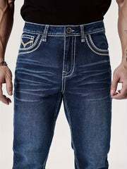 Men'S Elastic Washed Denim Jeans with Thick Line Embroidery on The Front And Back Pockets