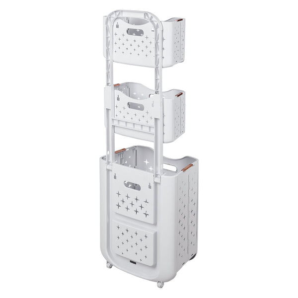 Three-Tier Laundry Basket with Wheels and Handle, Collapsible and Foldable Plastic Clothes Storage Bin, Portable Bathroom Storage Rack, Multifunctional Kitchen Organizer Basket. Compact Design, Sturdy and Durable. Dimensions: 39cm W x 29cm D x 115cm H.