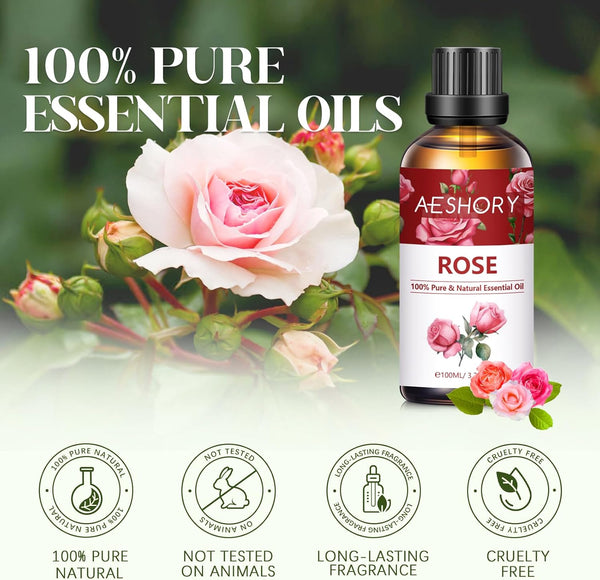 AESHORY Rose Essential Oil 100Ml, 100% Pure Natural Rose Oil for Diffuser, Humidifier, Aromatherapy, Better Sleep, Skin Care, Perfume & Candle Making