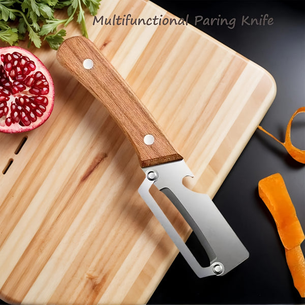 Zero-Snag Wooden Peeler, Multi-Functional Wooden Kitchen Tool, Multifunctional Vegetable Peeler with Stainless Steel Blades & Built-In Bottle Opener