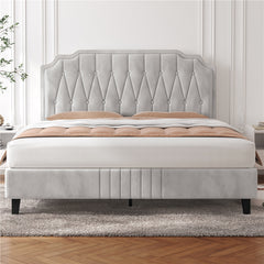 Costoffs Double/King Bed Frame Upholstered Platform Bed with Adjustable Button Tufted Headboard/Velvet Fabric/Mattress Foundation/Sturdy Wooden Slat Support, No Box Spring Needed, Black/Beige/Dark Grey/Light Grey