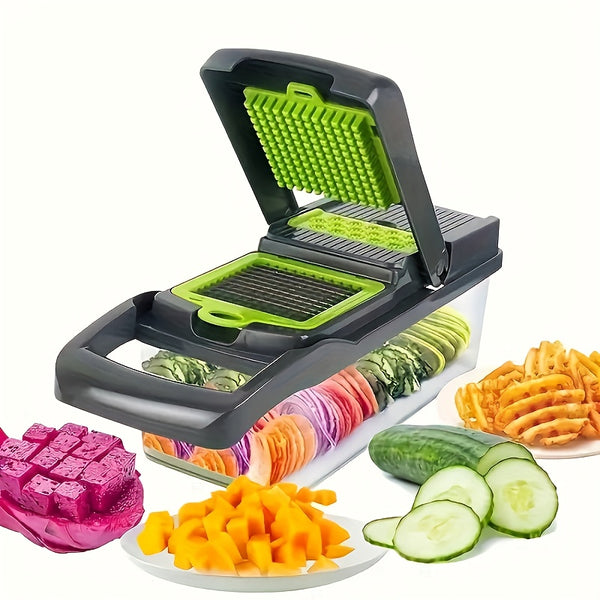 16-In-1 Multifunctional Kitchen Vegetable Slicer with a Container, Suitable for Onions, Carrots, Garlic, And Includes a Non-Rechargeable Plastic Tool Set with a Drainage Basket