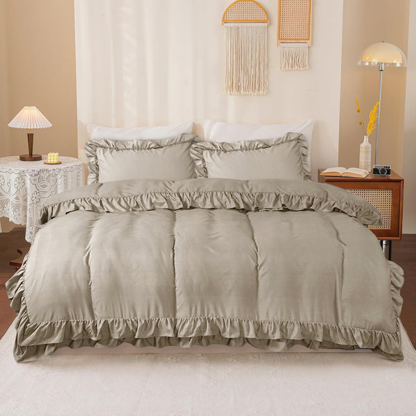 3-Piece Ruffle Frilled Duvet Cover Set – Soft, Comfortable Bedding with Pillowcases, Button Closure, Elegant Layered Design