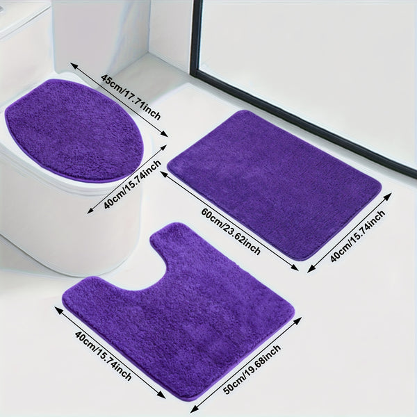 3-Piece Bathroom Rug Set - Plush Water Absorbent Mat, U-Shaped Contour Toilet Mat & Lid Cover for Tub/Shower