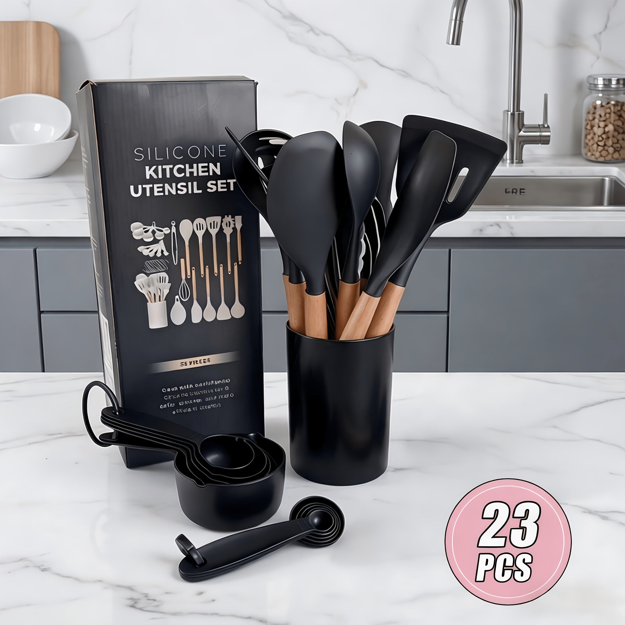23pcs Silicone Kitchenware And Kitchen Knife Set | Heat Resistant Silicone Cutlery with Wooden Handle | Chef Knife | Non-Stick Friendly Tool | Easy to Cook And Clean | Convenient to Carry | Suitable for School, Home, Outdoor Use | Mother'S Day