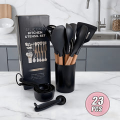 23pcs Silicone Kitchenware And Kitchen Knife Set | Heat Resistant Silicone Cutlery with Wooden Handle | Chef Knife | Non-Stick Friendly Tool | Easy to Cook And Clean | Convenient to Carry | Suitable for School, Home, Outdoor Use | Mother'S Day
