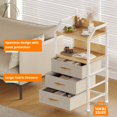 Industrial Rustic End Table with Storage - Nightstand with 3 Fabric Drawers & 2 Shelves, Wood & Metal Bedside Table Suitable for Bedroom, Living Room, Small Spaces - Assembly, Space-Saving