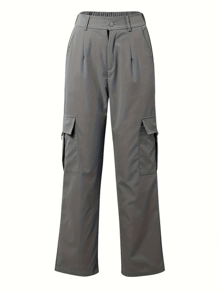Flap Pocket Solid Color Cargo Pants, Y2K Slant Pocket Button Front Every Day Pants, Women's Clothing