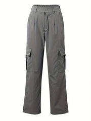 Flap Pocket Solid Color Cargo Pants, Y2K Slant Pocket Button Front Every Day Pants, Women's Clothing