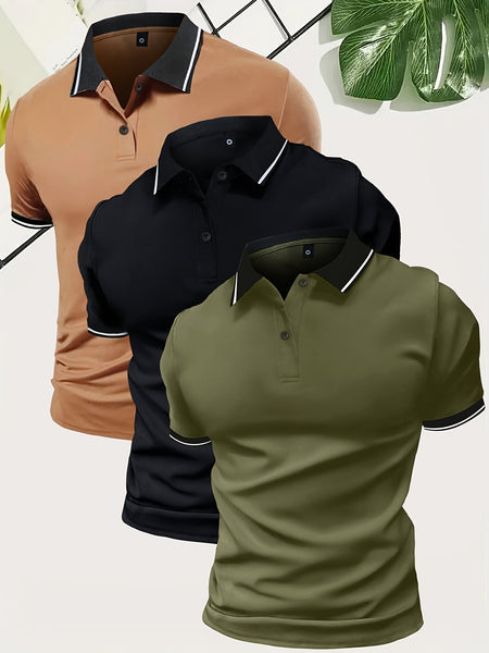 3pcs Set of Summer Collared Men'S Short Sleeve Polo Shirts Solid Color Plain Multicolor Golf Shirts Casual Athletic Wear Men'S Top