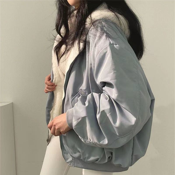 Women's Winter Double-Sided Plush Padded Jacket with Hood & Pockets - Thickened Lamb Outer Coat, Zipper Closure, Solid Color Casual Sweater for Cold Weather (No elastic fabric)