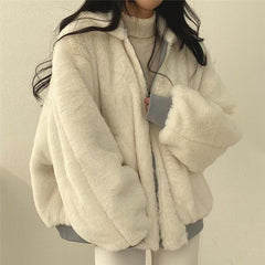 Women's Winter Double-Sided Plush Padded Jacket with Hood & Pockets - Thickened Lamb Outer Coat, Zipper Closure, Solid Color Casual Sweater for Cold Weather (No elastic fabric)
