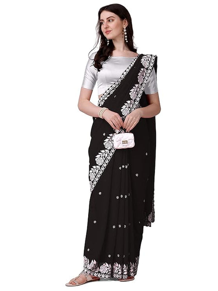 Estationeryhouse Women's Georgette Embroidery Border Work Designer Saree with Blouse Piece