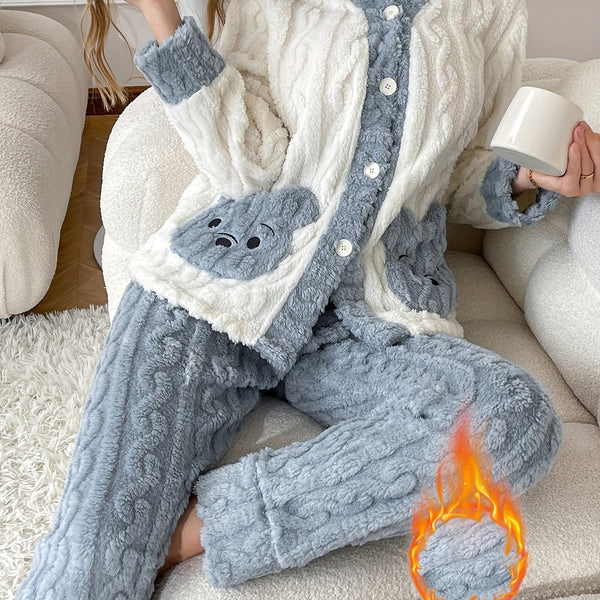 Autumn and Winter New Women's Long-Sleeve Robe Set with Embroidered Bear Pocket Design, Warm and Comfortable Loose-Fit Casual Home Wear