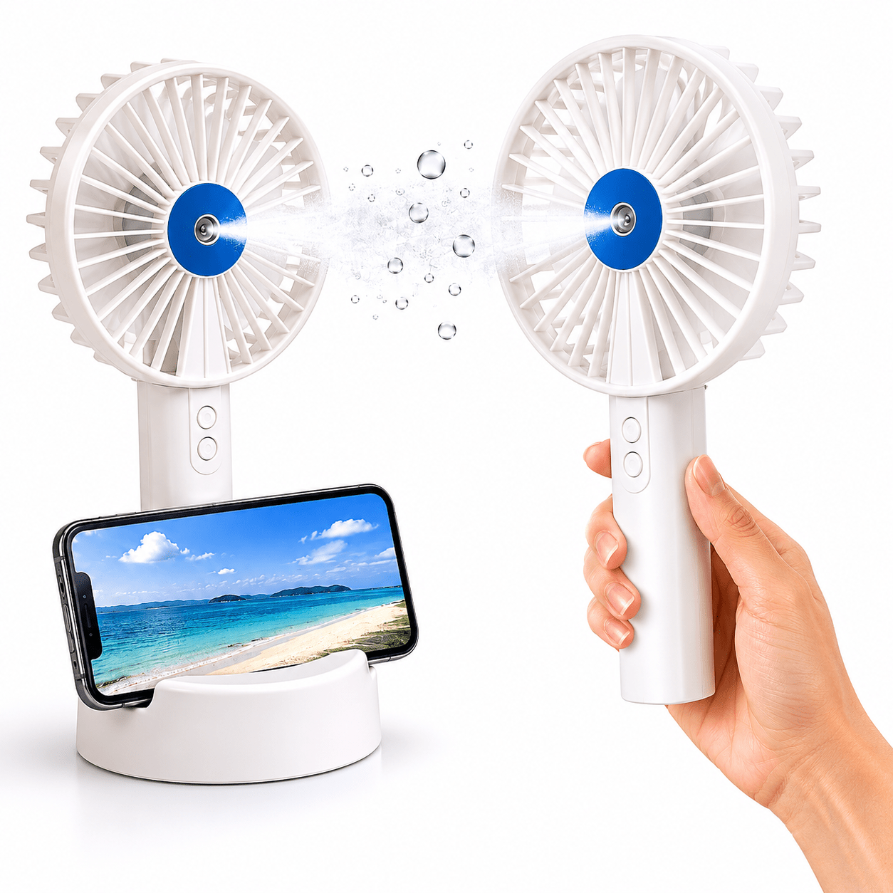 Portable Rechargeable Handheld Fan with Phone Holder, 3 Speed Settings, USB Rechargeable 1200mAh Battery, Personal Cooling Fan with Water Mist Function for Home, Office, Travel & Outdoor Use