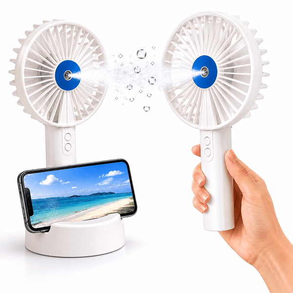 Portable Rechargeable Handheld Fan with Phone Holder, 3 Speed Settings, USB Rechargeable 1200mAh Battery, Personal Cooling Fan with Water Mist Function for Home, Office, Travel & Outdoor Use