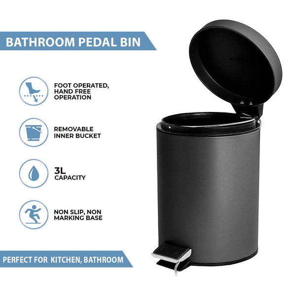 3L Pedal Bin Round Matt Black - Stainless Steel Pedal Bin with Lid - Household Rubbish Bin for Bathroom, Kitchen & Office - Rustproof Dustbin with Removable Plastic Container - Garbage