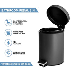 3L Pedal Bin Round Matt Black - Stainless Steel Pedal Bin with Lid - Household Rubbish Bin for Bathroom, Kitchen & Office - Rustproof Dustbin with Removable Plastic Container - Garbage