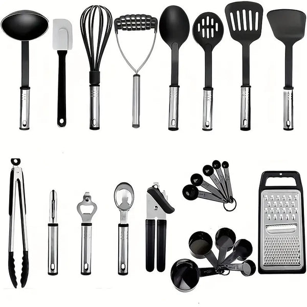 24 Pieces Black Stainless Steel Utensil Set Kitchen Utensils Set Non-Stick and Heat Resistant Kitchen Gadgets Cookware Set, Spatula Turner for Nonstick Kitchen Cookware Utensils Set