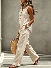 Spring Summer Women's Matching 2pcs Sets, V-Neck Sleeveless Button Top & Flowy Wide Leg Pants, Casual Resort Style Loungewear, Perfect for Summer Holiday, Staycation & Casual Outings, Holiday Essential