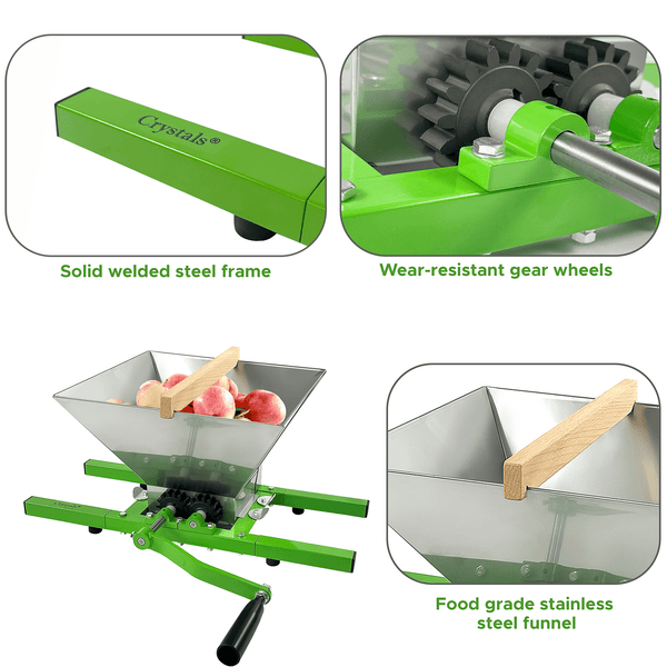 7L Portable Fruit Crusher Used for Fruit Press Afterwards- Apple Pulper Manual Juicer Mill for Crafting Perfect Wine and Cider, Stainless Steel Grinder, Green/Silver