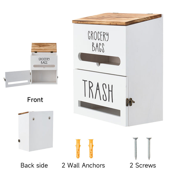 White/Black Two-Tier Wooden Trash Bag Storage Box Trash Bag Holder, Kitchen Plastic Wrap & Bag Organizer with Lid, Large Capacity Hanging Storage Container, Household Storage Accessories
