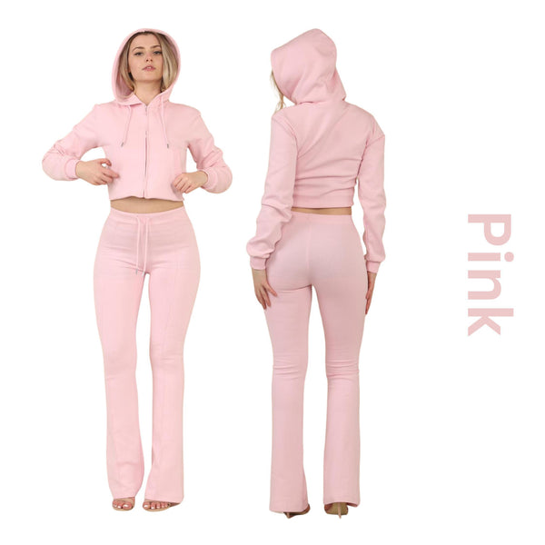 ZIPLORE Women'S Cropped Zip Hoodie and High-Waisted Bell Bottom Trousers Lounge Set for Casual, Athleisure & Streetwear - Suits, Womenswear Long Sleeve Minimalist Suits Womenswear Comfort Adjustable Clothing Drawstring Elegant Everyday Chic Loungewear Mat