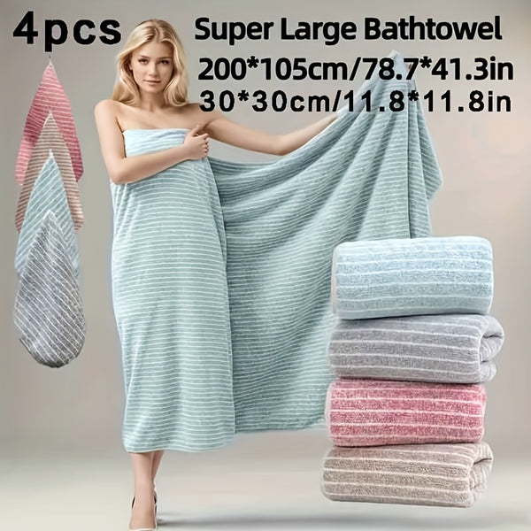 4pcs Extra Large Bath Towel Set with Star Stripes, Full Body Wrap Towel, Face Towel, and Hair Towel - 1pc Extra Soft Coral Fleece Bath Towel (200x105cm) + 3pcs Square Towels (30x30cm), Quick-Dry, Lint-Free, Durable - Ideal for Home, Beach, Outdoor Use - P
