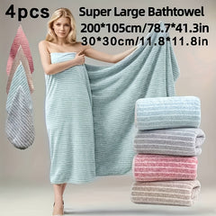 4pcs Extra Large Bath Towel Set with Star Stripes, Full Body Wrap Towel, Face Towel, and Hair Towel - 1pc Extra Soft Coral Fleece Bath Towel (200x105cm) + 3pcs Square Towels (30x30cm), Quick-Dry, Lint-Free, Durable - Ideal for Home, Beach, Outdoor Use - P