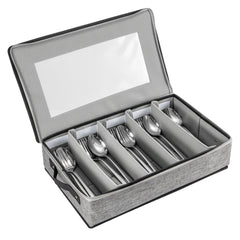 1pc 5-Compartment Fabric Flatware Organizer with Clear Lid - Portable Tension-Mounted Utensil Storage Box for Kitchen, Camping, Picnics - Chopsticks, Knife, Fork, Spoon Organizer, Picnic Flatware Holder | Stylish Table Accessory | Tension Mount Closure
