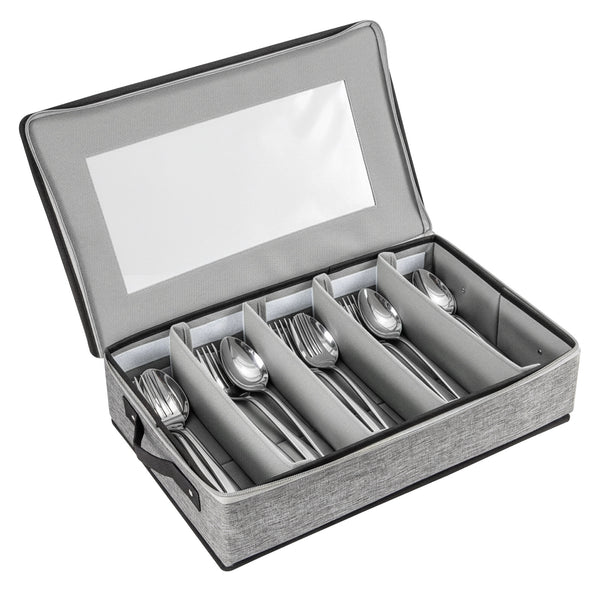 1pc 5-Compartment Fabric Flatware Organizer with Clear Lid - Portable Tension-Mounted Utensil Storage Box for Kitchen, Camping, Picnics - Chopsticks, Knife, Fork, Spoon Organizer, Picnic Flatware Holder | Stylish Table Accessory | Tension Mount Closure