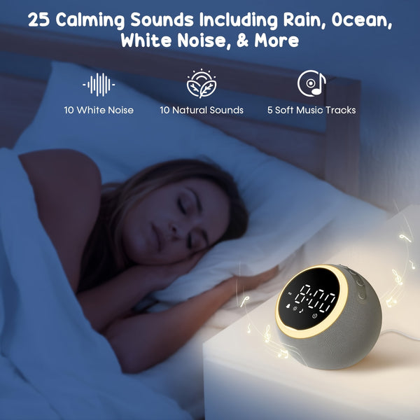 White Noise Sound Machine - With Nightlight & Alarm Clock - 25 Soothing Sounds, 16 Levels Adjustable Volume, Timer Therapy, Sleep Aid - Ideal For Sleep, Relaxation, Focus, Dimmable Night Light Alarm Clock For Bedroom