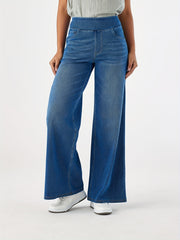 Women'S High-Waist Stretch Denim Wide-Leg Pants with Multiple Pockets, Distressed Vintage Casual Denim Long Pants