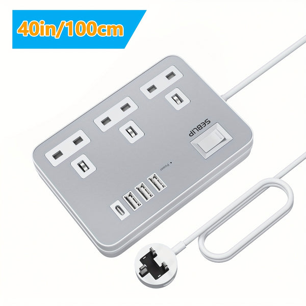 Power Supply 7in 1 Flat Plug Power Socket Outlet Extension Lead, 4 USB Slots Charging Ports Extension Socket, Multi Socket Power Board