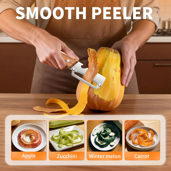 Zero-Snag Wooden Peeler, Multi-Functional Wooden Kitchen Tool, Multifunctional Vegetable Peeler with Stainless Steel Blades & Built-In Bottle Opener