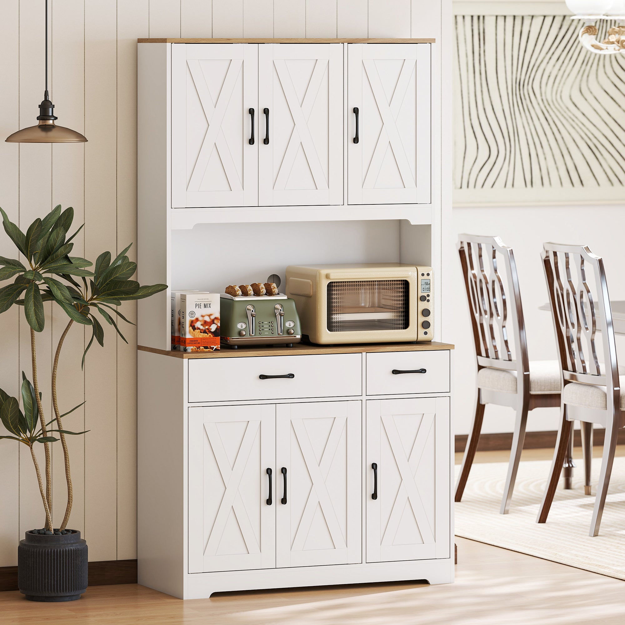 175 cm Tall Kitchen Pantry Cabinet with Microwave Stand, Farmhouse Kitchen Hutch, Freestanding Pantry Cupboard with 2 Drawers, 2 Adjustable Shelves and Cable Management, White