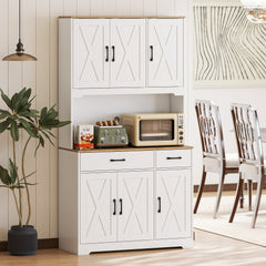 175 cm Tall Kitchen Pantry Cabinet with Microwave Stand, Farmhouse Kitchen Hutch, Freestanding Pantry Cupboard with 2 Drawers, 2 Adjustable Shelves and Cable Management, White
