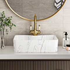 Marble Effect Countertop Sink, Bathroom Basin Sink Vanity Vessel White Ceramic Countertop Rectangular Hand Wash Bowl, Large Bathroom Counter Top Ceramic Wash Basin Cloakroom Sink With Pop-up Waste Drainer Gloss White 480x370x135mm (Tap Not Included)