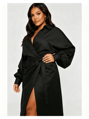 Women Wrap Midi Shirt Dress, Long Sleeve Lapel Side Zip Ruched Split Hem Dresses, Casual Office Party Dress