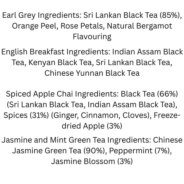 Tea Sampler Gift Set with Measuring Spoon – 4 Premium Loose Leaf Blends (4 × 25g, 40+ Cups) – English Breakfast, Earl Grey, Spiced Apple Chai & Jasmine Mint Green Tea – Luxury Gift Box