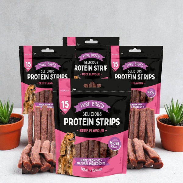Delicious Protein Strips Beef Flavour, High Protein Dog Treats, Chewy Training Snacks, Easily Digestible in Resealable Pack