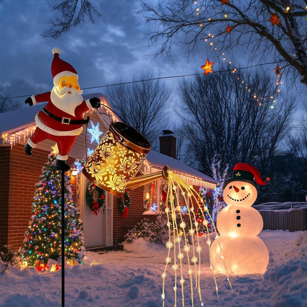 Christmas Santa Solar Kettle Lights, Garden Lawn Decorative Light, Solar Watering Can Garden Lawn Decor with Flowing LED Water, for Outdoor Patio Path Walkway Decoration, Unique Xmas Gifts (A*2)