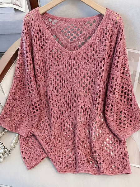 Plus Size - Plus Size - Plus Size Women'S Cashew Flower Loose Temperament Hollow Round Neck Pullover Long Sleeve Sweater