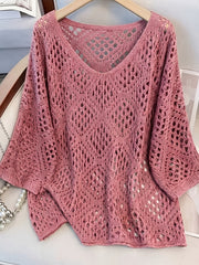 Plus Size - Plus Size - Plus Size Women'S Cashew Flower Loose Temperament Hollow Round Neck Pullover Long Sleeve Sweater