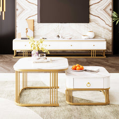 Modern Pedestal Base Space Saving Coffee Table Set of Two, Engineered Wood and Artificial Board Construction, Hardwood, Black Finish, High Gloss Stone Table Top, Metal Golden Accents, with Drawer, Without Electricity, Battery Free.